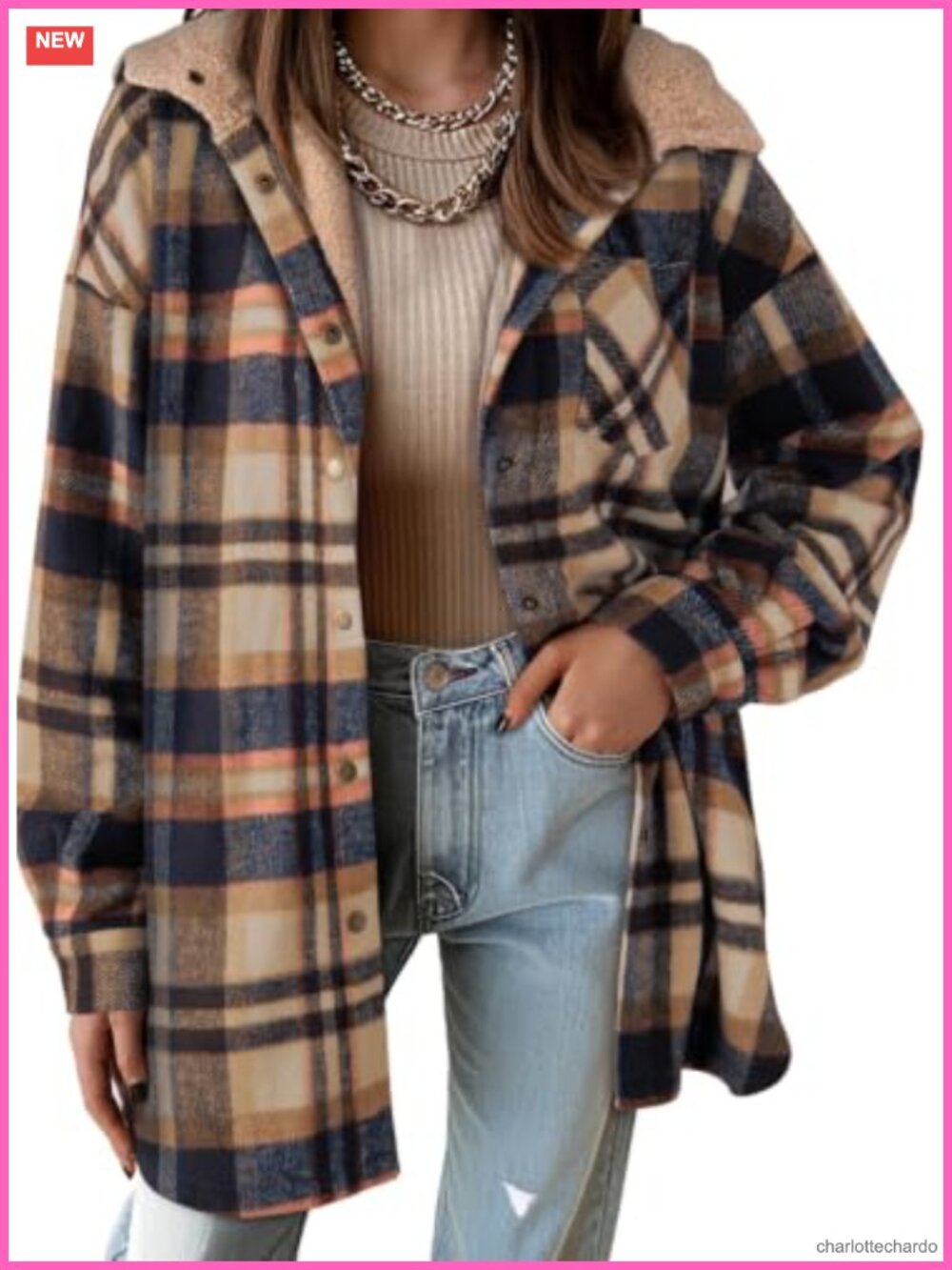 Women's Flannel Hooded Plaid Shacket Coat Fleece Jacket
